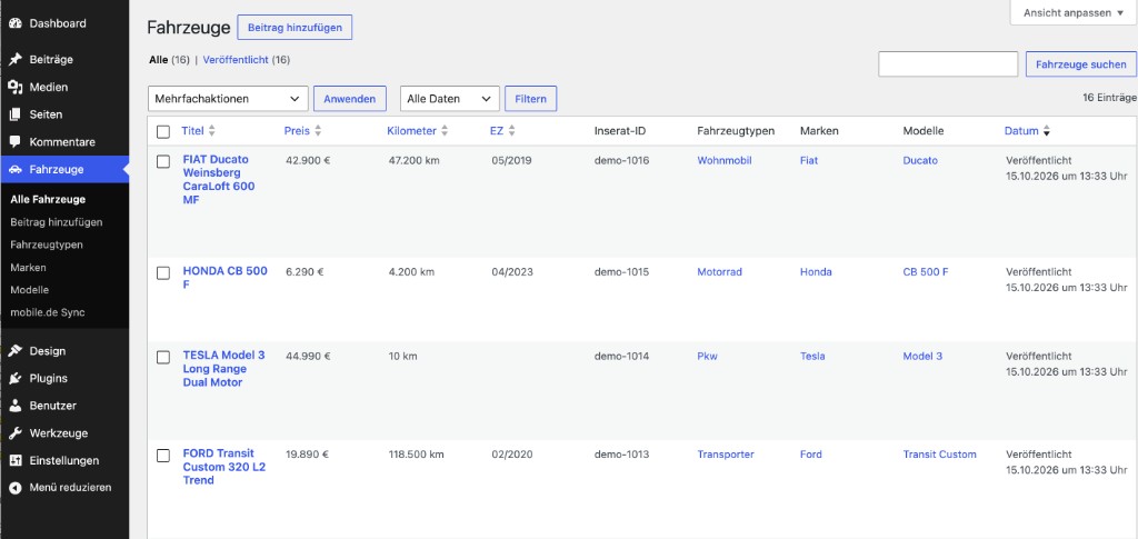 WordPress-Liste der Fahrzeuge mit Preis, Kilometerstand, Erstzulassung, Typ, Marke und Modell.