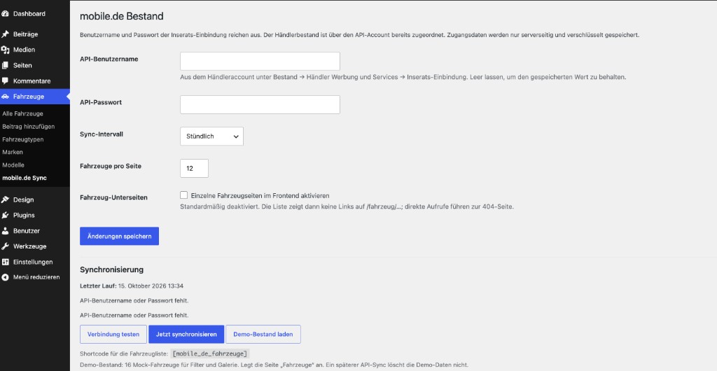 Einstellungsseite mobile.de Bestand: API-Zugang, Sync-Intervall und Buttons für Verbindung, Synchronisierung und Demo-Bestand.